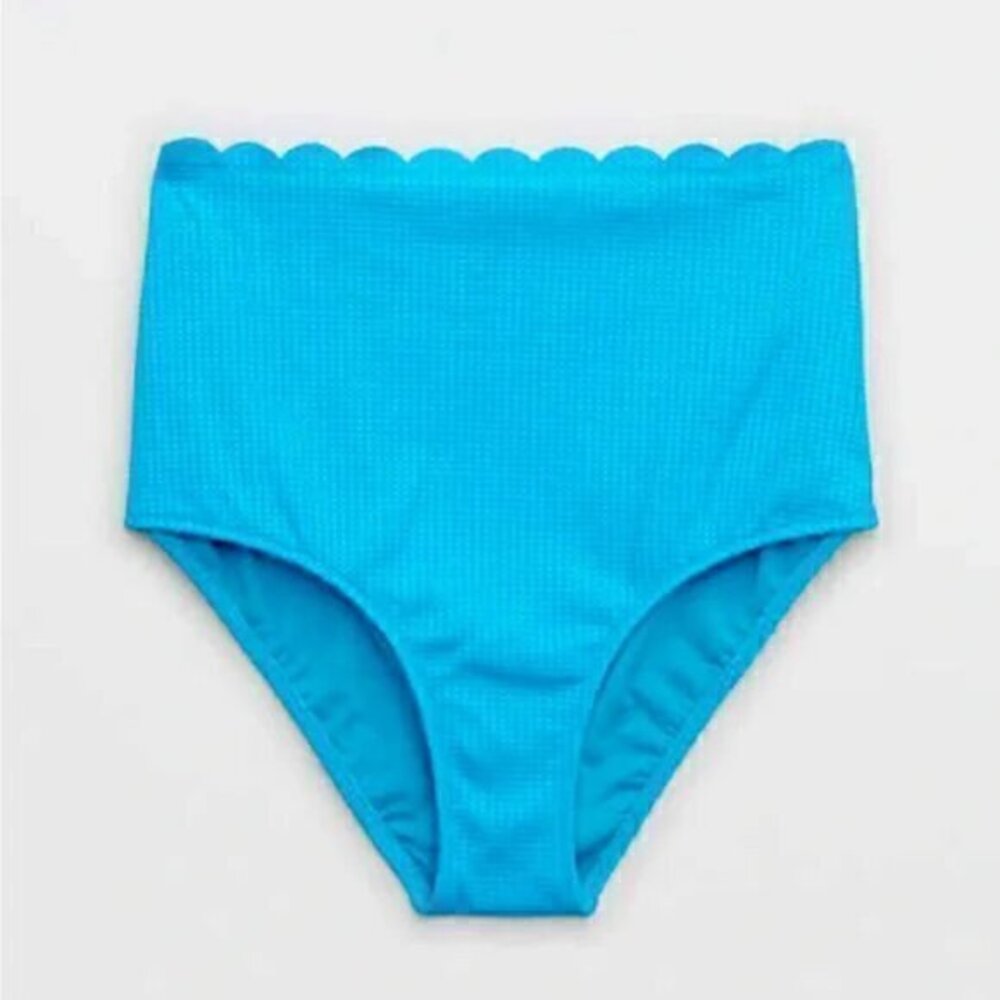 Aerie Waffle Scalloped High Waisted Bikini Bottom Blue Size XS NWT